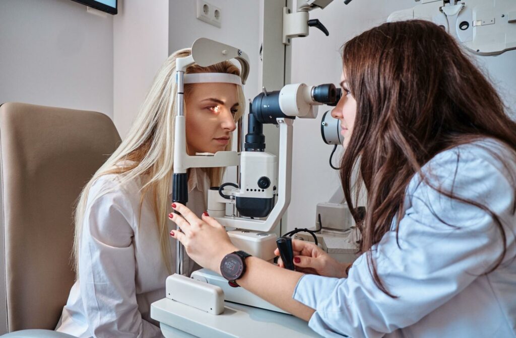 a person getting an eye test done during a routine eye exam