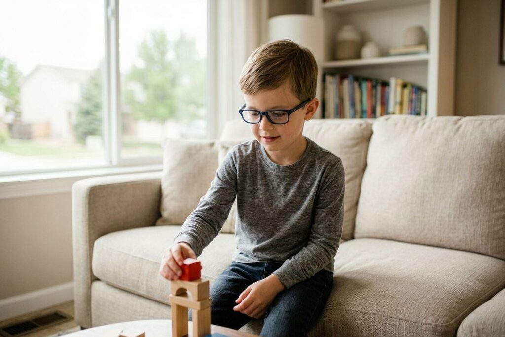 Child wearing glasses stacking wooden blocks on a sofa in a living room, smiling.
