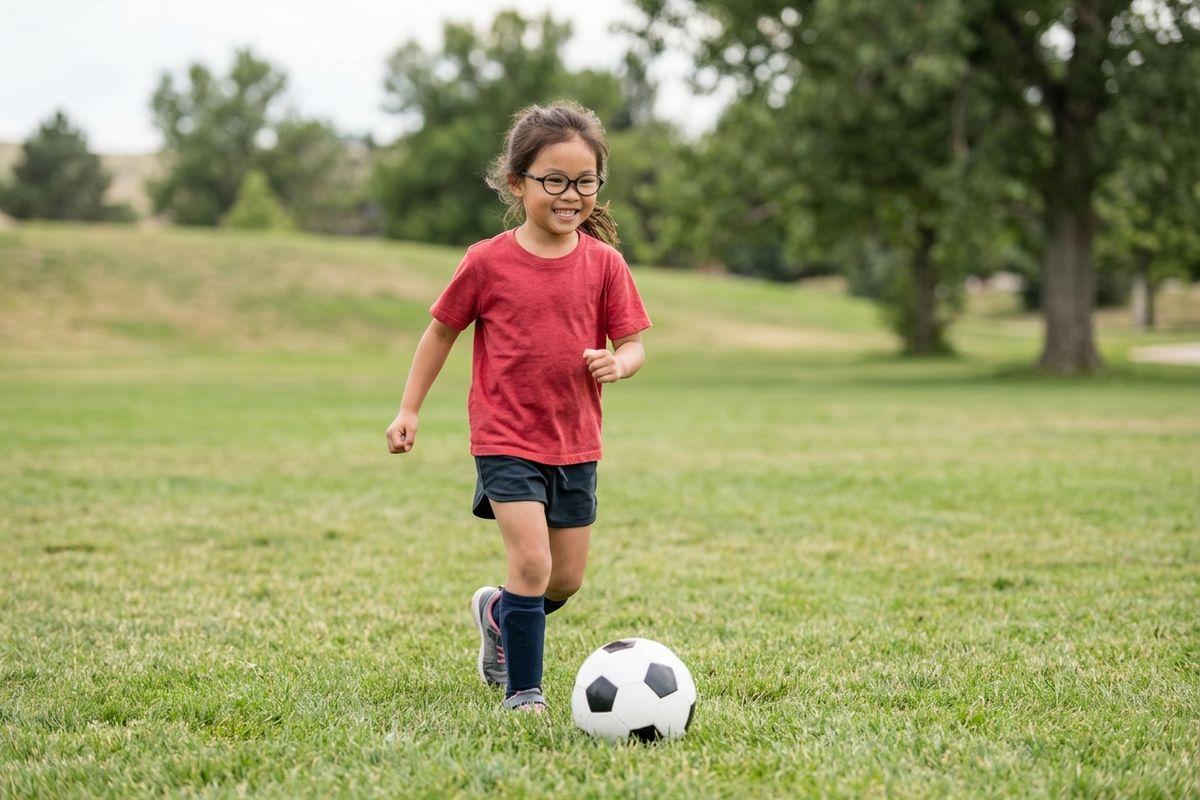Smiling child wearing glasses and a red shirt running toward a soccer ball on a grassy park field.
